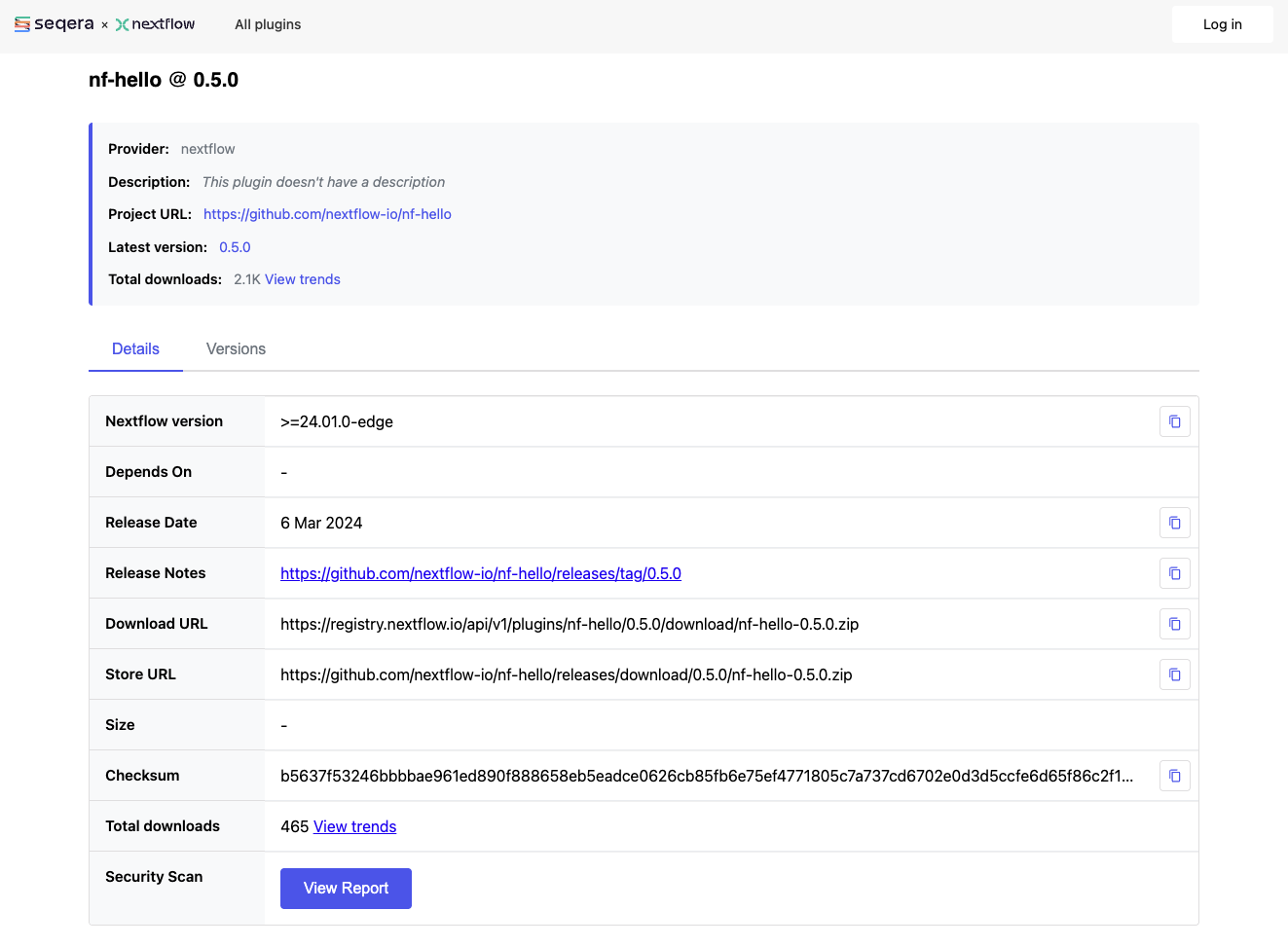 La page du plugin nf-hello sur registry.nextflow.io